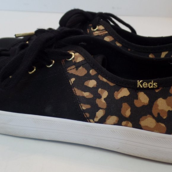 Keds Leopard Print & Black Canvas Shoes Sz 8.5 Goldtone Hardware - Picture 4 of 12